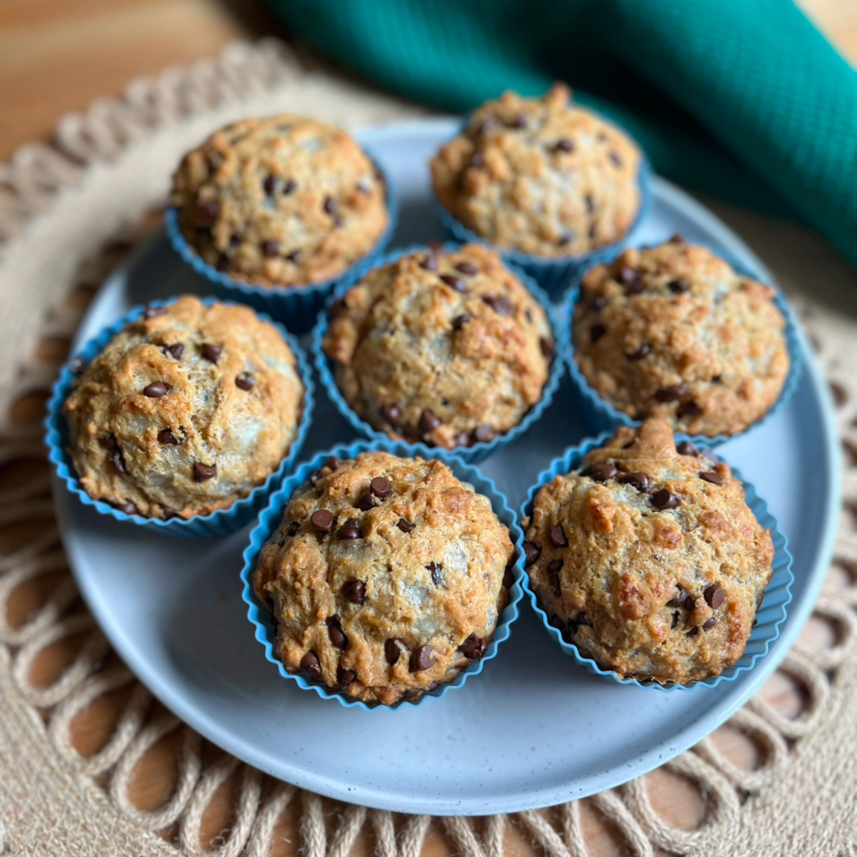 High Protein Chocolate Chip Cottage Cheese Muffins For Toddler's Laying On A Plate.