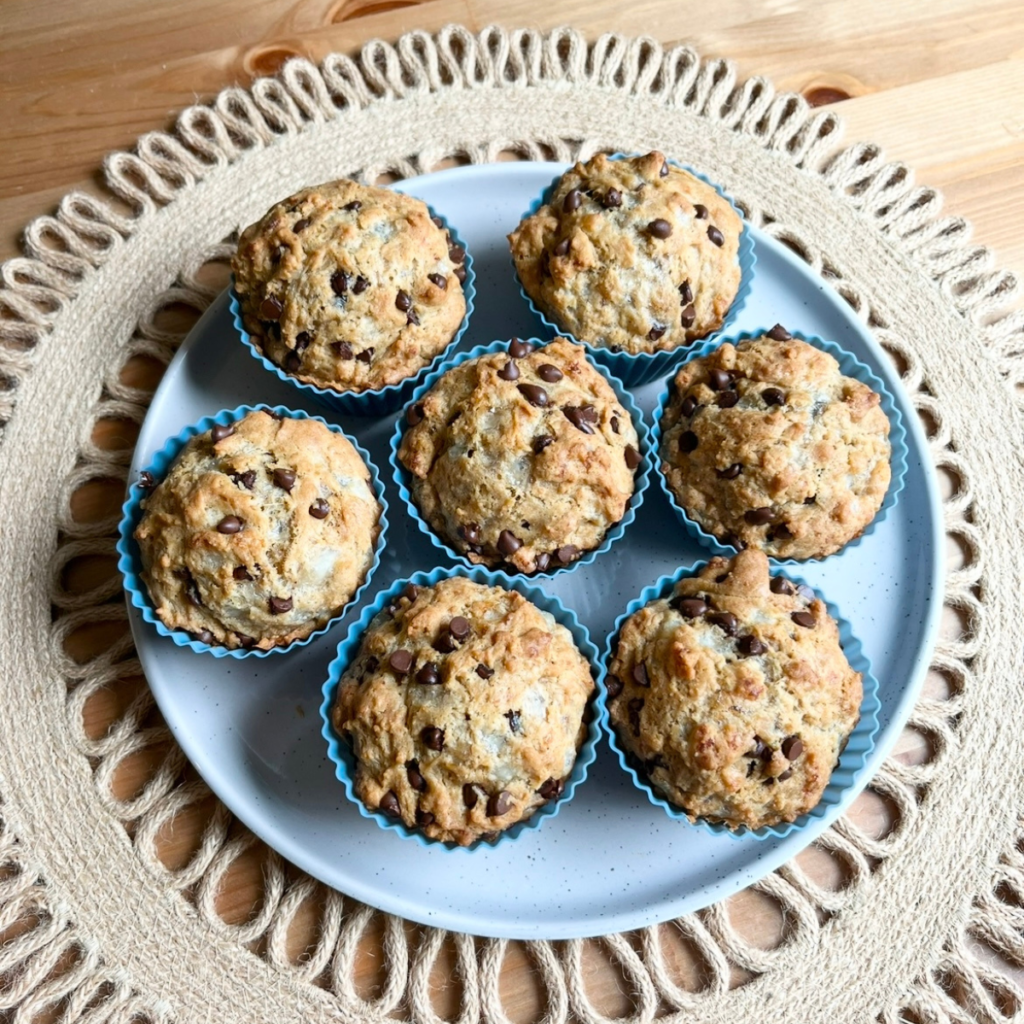 Chocolate Chip Cottage Cheese Muffins In blue silicone muffin wraps 