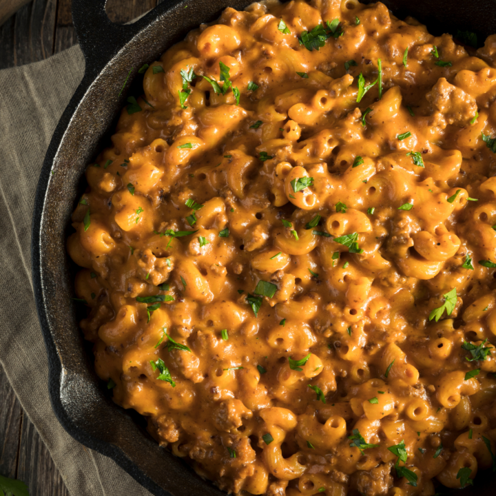 homemade hamburger helper in cast iron skillet