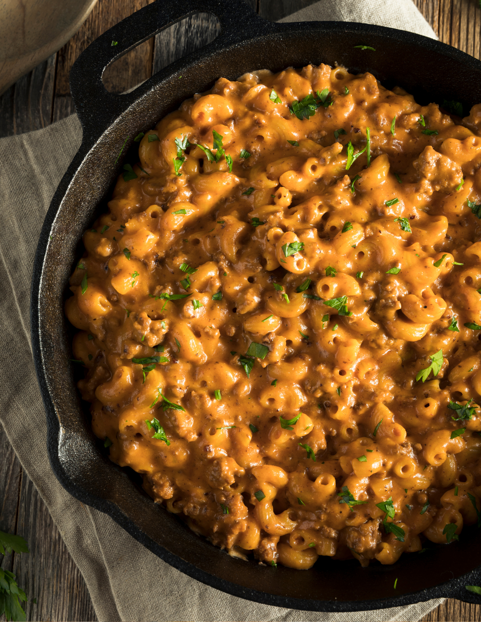 homemade hamburger helper in cast iron skillet