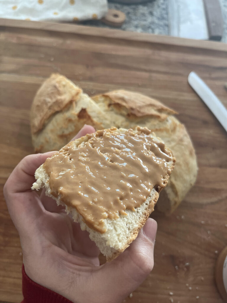 Peanut butter on freshly baked Easy Yeast Artisan Bread