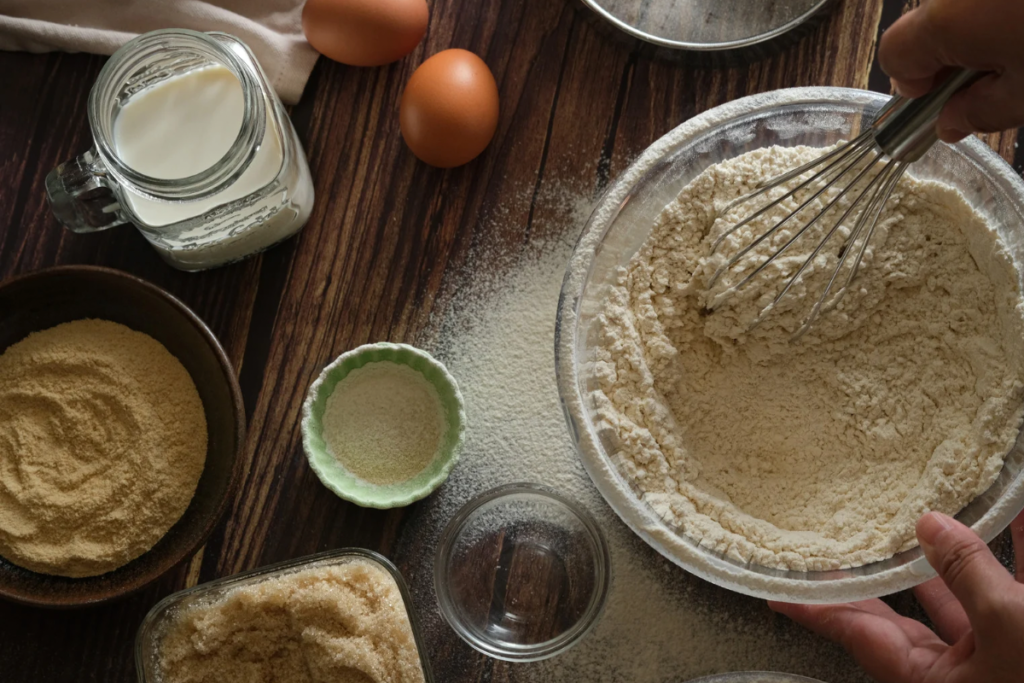white flour in glass bowl